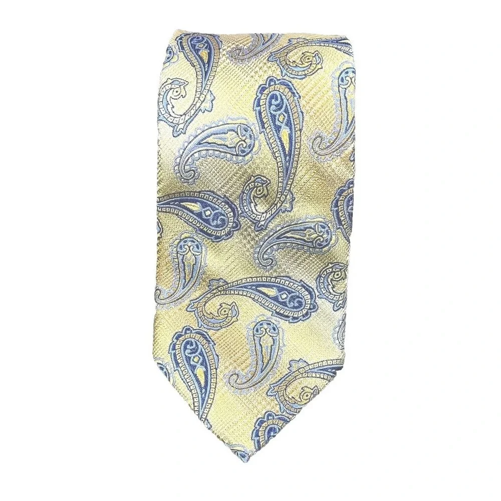 Bruno Piattelli Mens Tie 100% Silk Handmade Designer Italy Yellow‎ Blue Paisley